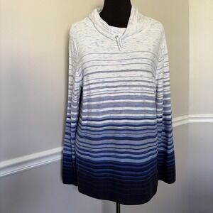 T By Talbots Top Women's XL Blue Ombre Stripe Drawstring Cowlneck Minimalist